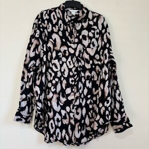 H&M Y2K Slouchy Black Cream Leopard Linen Button Up Long Sleeve Oversized Shirt